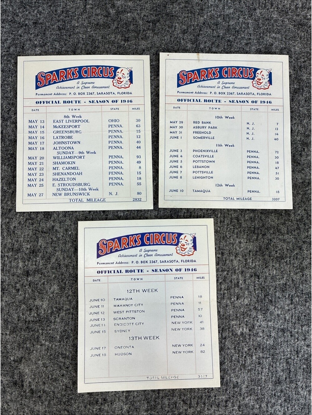 3 Sparks Circus Official Route Cards Season of 1946 Penna PA New York OH
